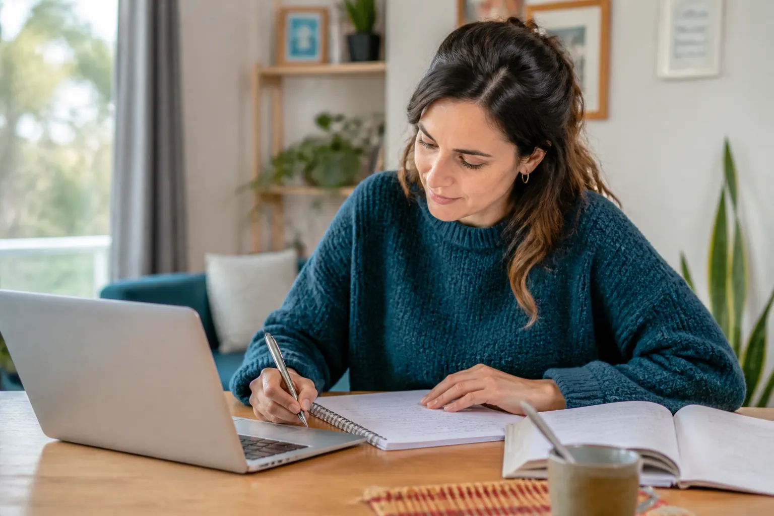 Alumna estudiando desde su casa con notebook y cuaderno
