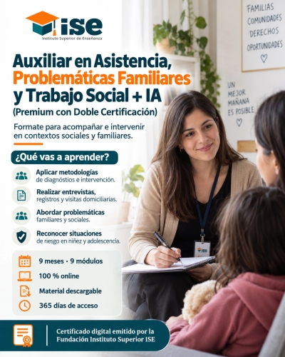 Auxiliar en Asistencia, Problemáticas Familiares y Trabajo Social + IA (Premium con Doble Certificación)