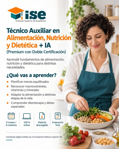 Técnico Auxiliar en Alimentación, Nutrición y Dietética + IA (Premium con Doble Certificación)
