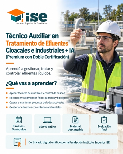 Técnico Auxiliar en Tratamiento de Efluentes Cloacales e Industriales + IA (Premium con Doble Certificación)