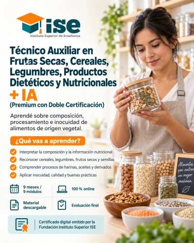 Técnico Auxiliar en Frutas Secas, Cereales, Legumbres, Productos Dietéticos y Nutricionales + IA (Premium con Doble Certificación)