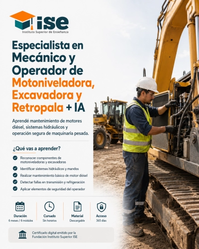Especialista en Mecánico y Operador de Motoniveladora, Excavadora y Retropala + IA