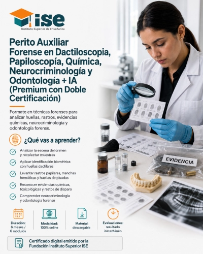 Perito Auxiliar Forense en Dactiloscopia, Papiloscopía, Química, Neurocriminología y Odontología + IA (Premium con Doble Certificación)
