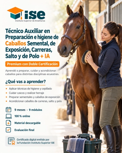 Técnico Auxiliar en Preparación e higiene de Caballos Semental, de Exposición, Carreras, Salto y de Polo + IA (Premium con Doble Certificación)