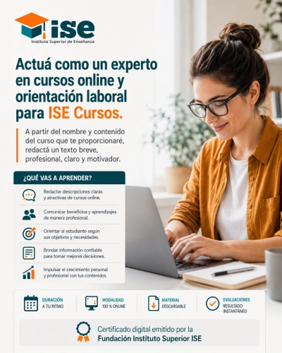Actuá como un experto en cursos online y orientación laboral para ISE Cursos. A partir del nombre y contenido del curso que te proporcionaré, redactá un texto breve, profesional, claro y motivador