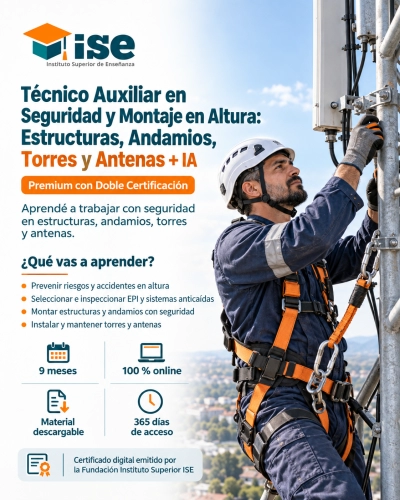 Técnico Auxiliar en Seguridad y Montaje en Altura: Estructuras, Andamios, Torres y Antenas + IA (Premium con Doble Certificación)