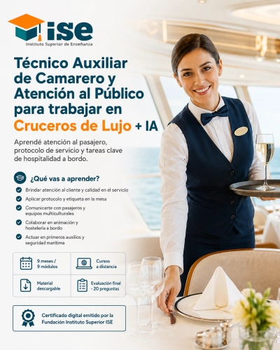 Técnico Auxiliar de Camarero y Atención al Público para trabajar en Cruceros de Lujo + IA